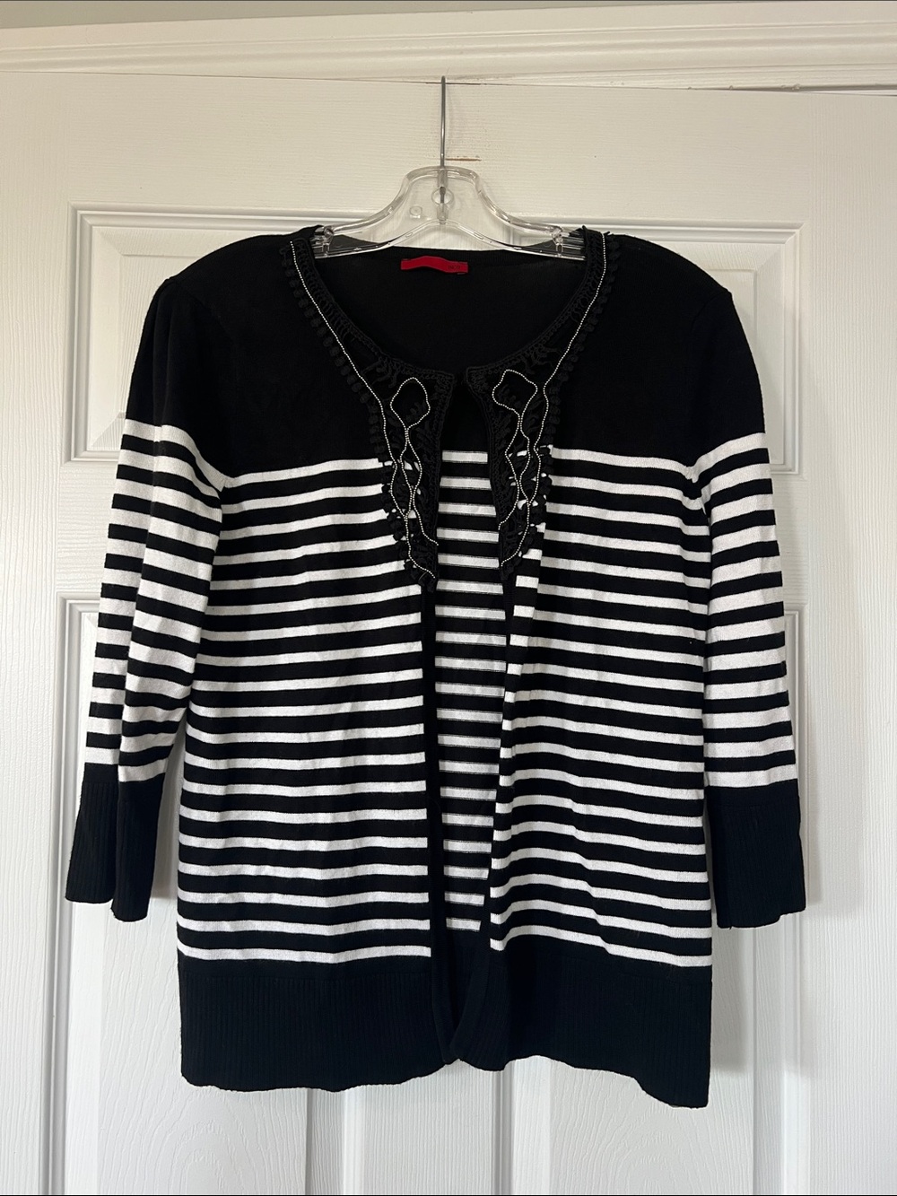 Red Black and White Striped Knit Top with Crochet Trim